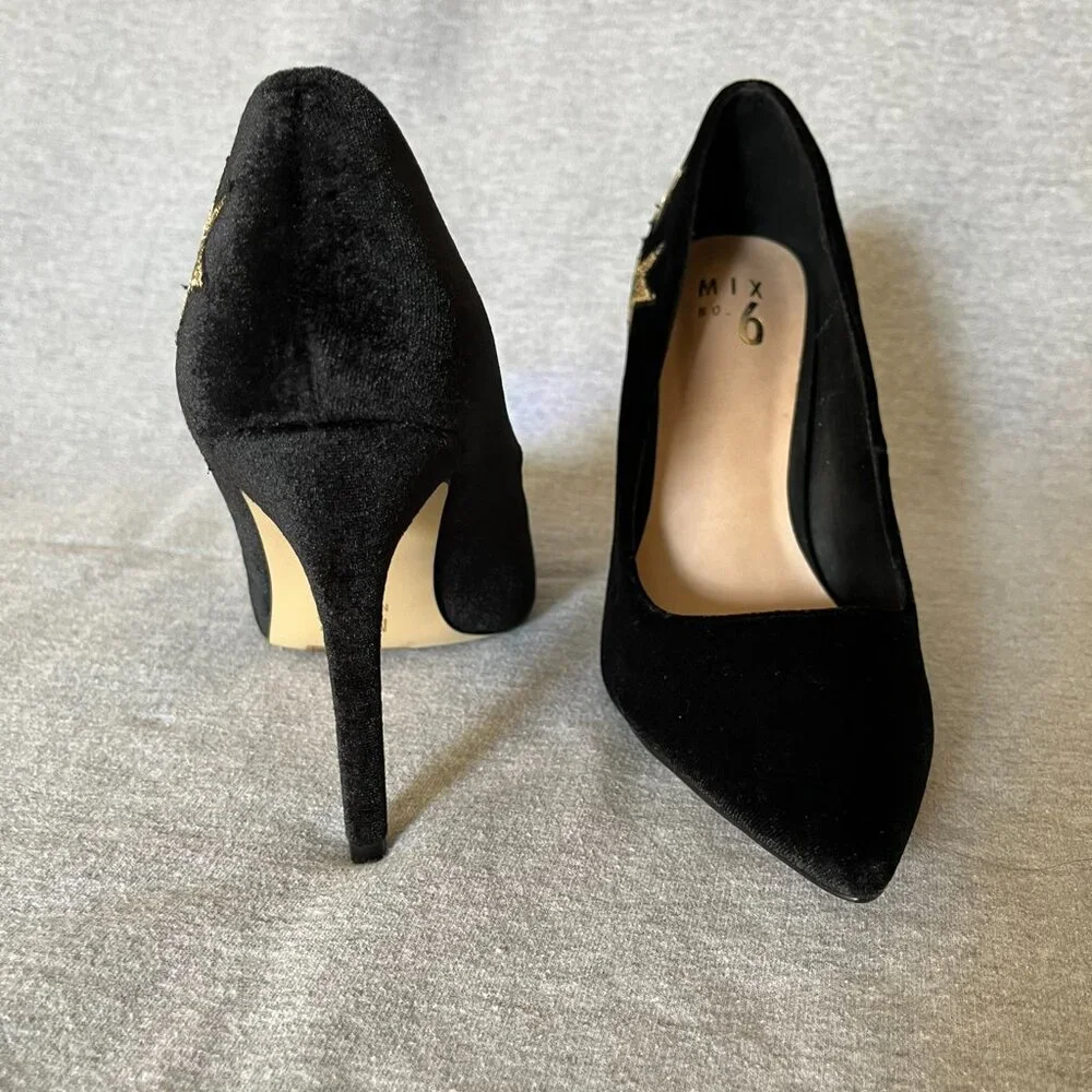 Mix No. 6 Black Velvet Heels w/ Gold Stars. Never Worn. Size 7.5 US | 38 EU - Picture 10 of 12